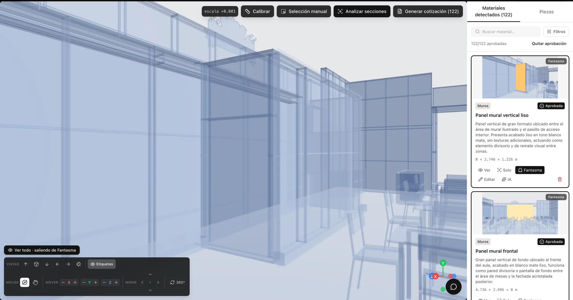 ARVI interface analyzing sections from a 3D model.